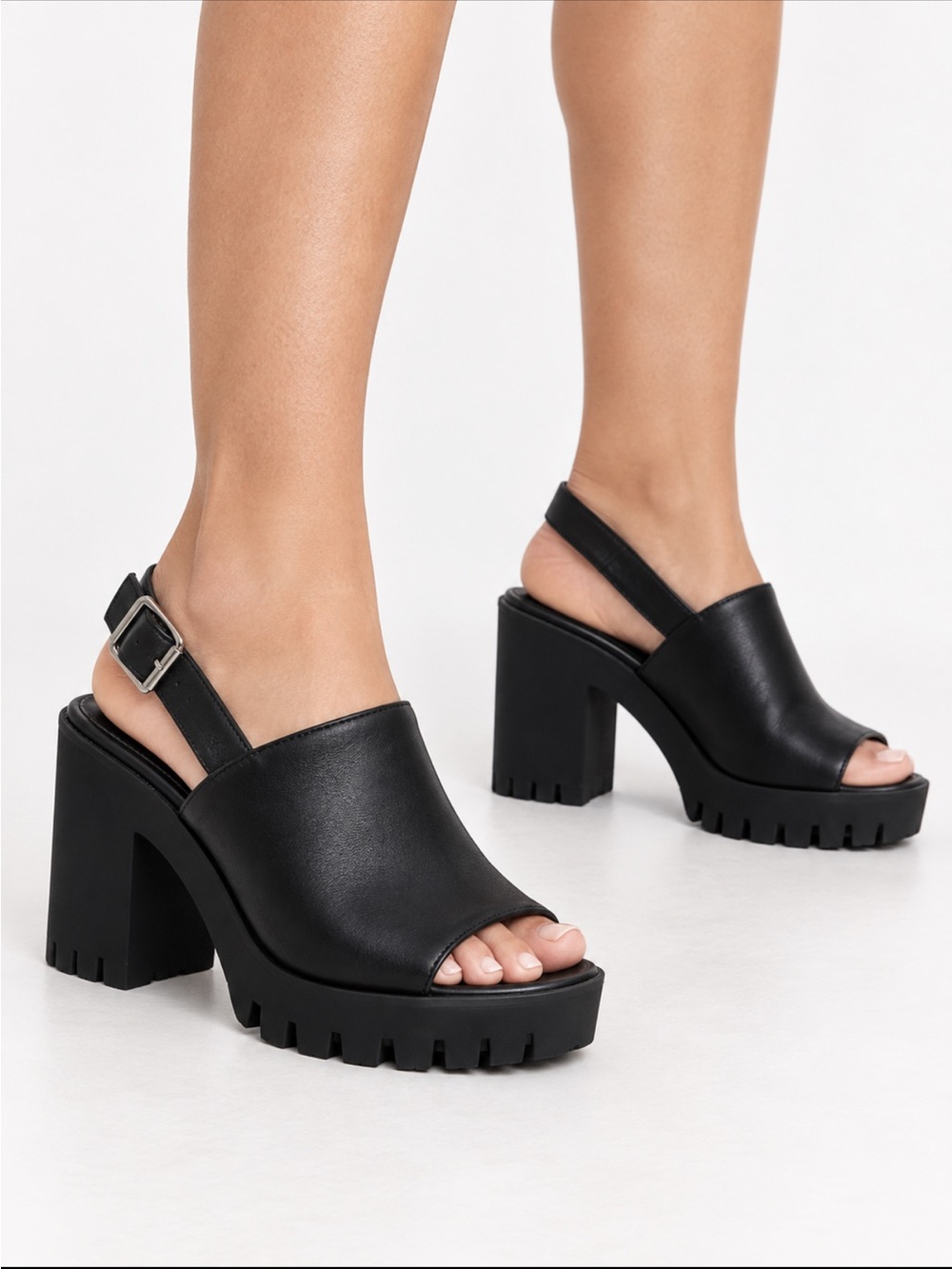 Steve Madden Sunnyside Black Chunky Leather Platform Slingback Sandals